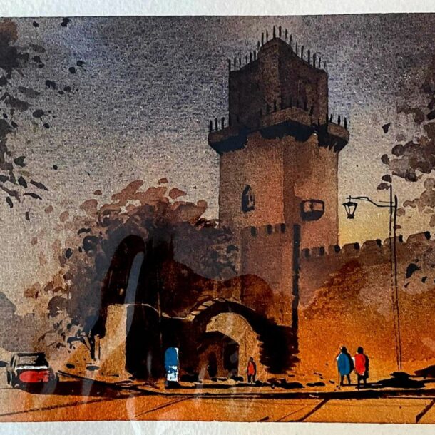 A watercolor painting of a historic tower with the sky transitioning from night to day.