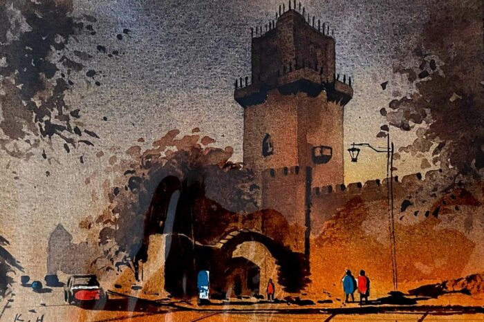 A watercolor painting of a historic tower with the sky transitioning from night to day.
