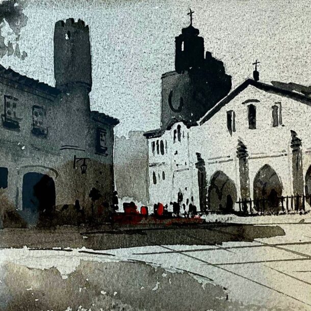 A monochromatic watercolor painting of a peaceful town square with historic buildings, highlighting the architectural details and serene atmosphere.