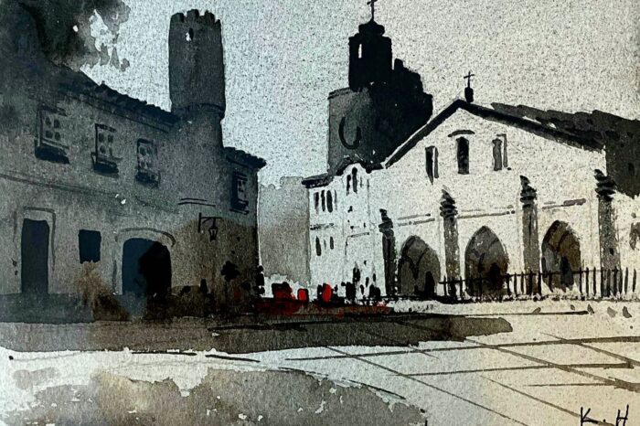 A monochromatic watercolor painting of a peaceful town square with historic buildings, highlighting the architectural details and serene atmosphere.