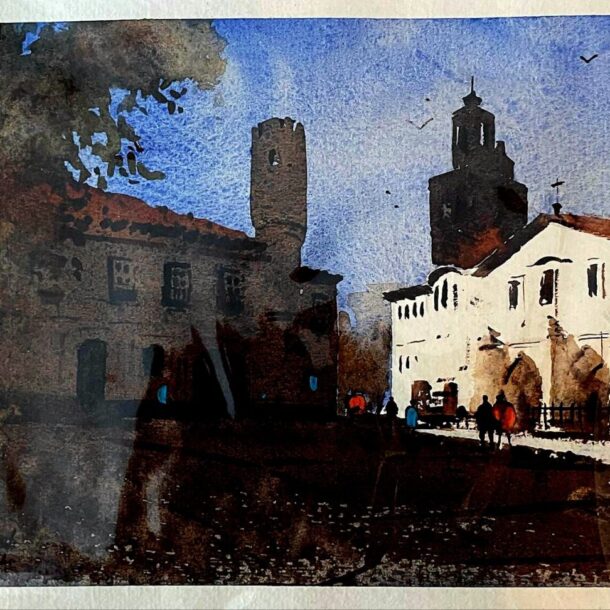 A watercolor painting of a historical square in Beja, with a clear blue sky and shadows cast by the buildings.