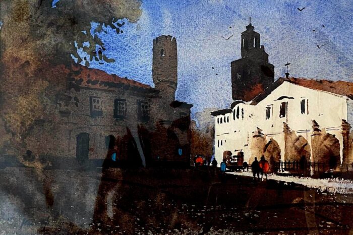 A watercolor painting of a historical square in Beja, with a clear blue sky and shadows cast by the buildings.