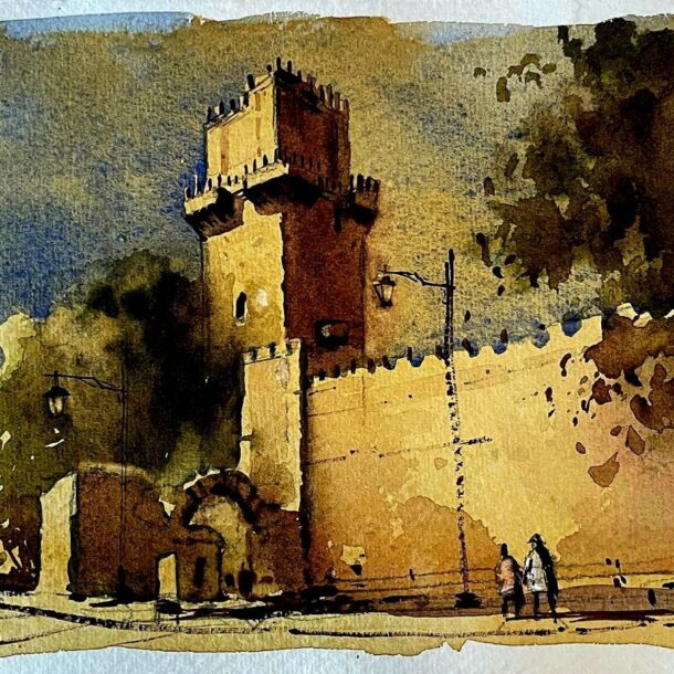 A watercolor painting of a historic fortress tower in warm golden tones.