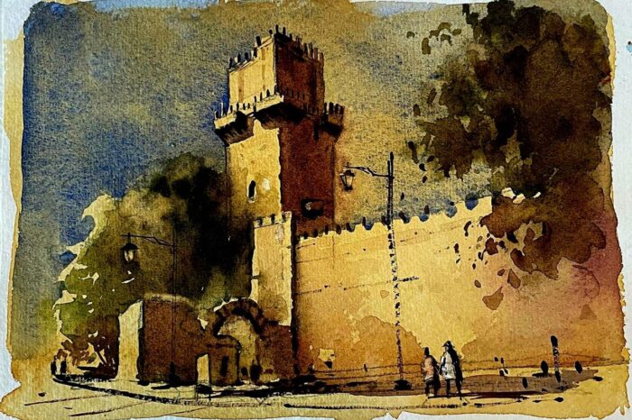 A watercolor painting of a historic fortress tower in warm golden tones.