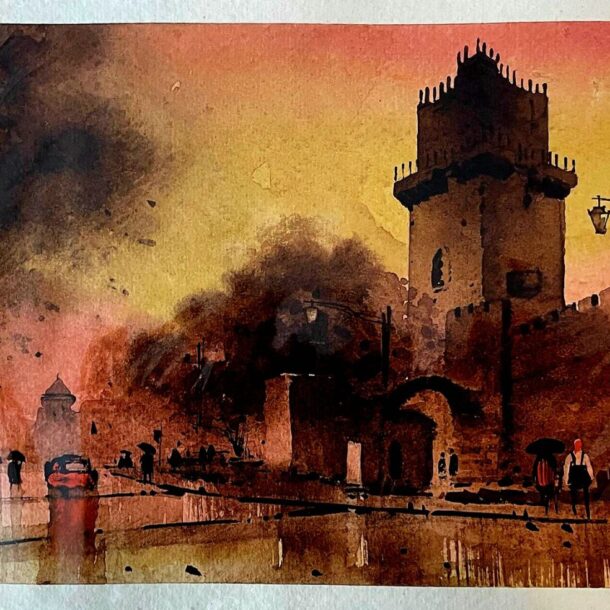 A watercolor painting depicting a historic tower against a vibrant sunset sky, with silhouettes of people and street lamps.