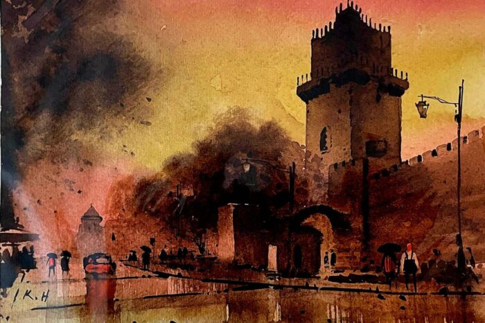 A watercolor painting depicting a historic tower against a vibrant sunset sky, with silhouettes of people and street lamps.