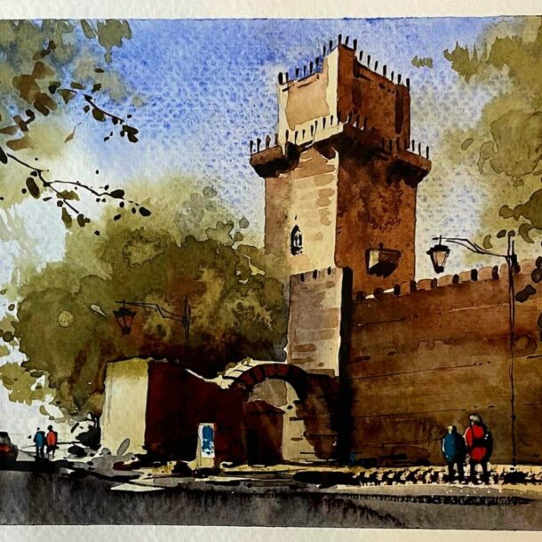 A watercolor painting of people walking near a historic tower under a clear blue sky.
