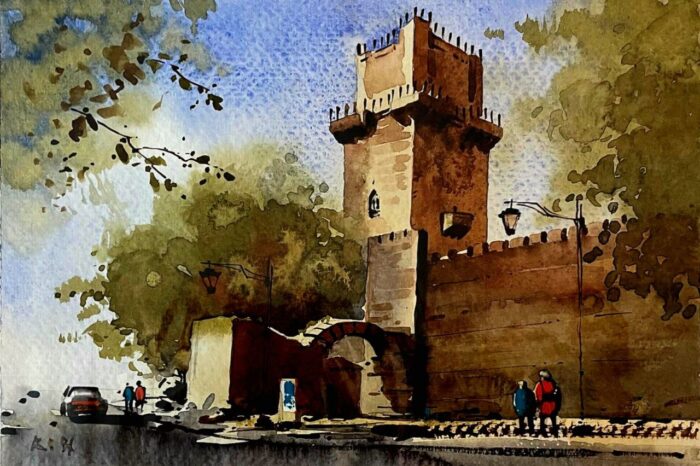 A watercolor painting of people walking near a historic tower under a clear blue sky.