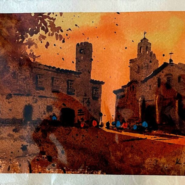 A watercolor painting showing a town square bathed in the golden light of the setting sun, with people and historic buildings.
