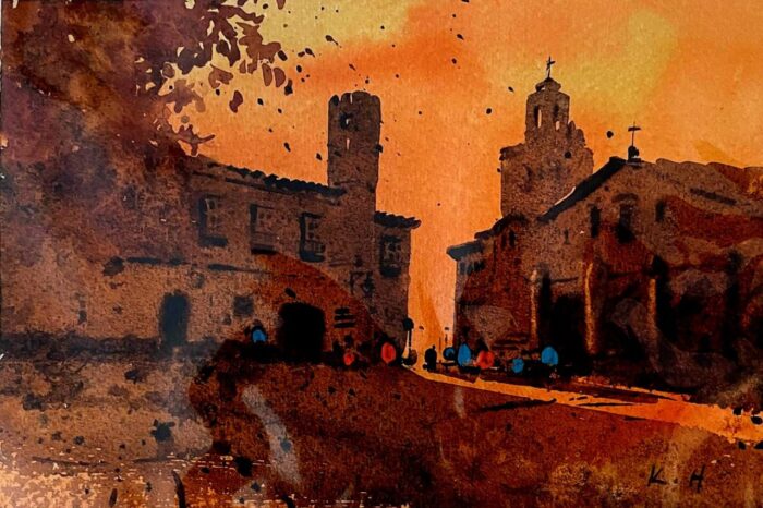 A watercolor painting showing a town square bathed in the golden light of the setting sun, with people and historic buildings.