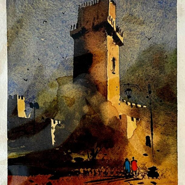 A watercolor painting of a historic tower against the early morning sky with birds flying.