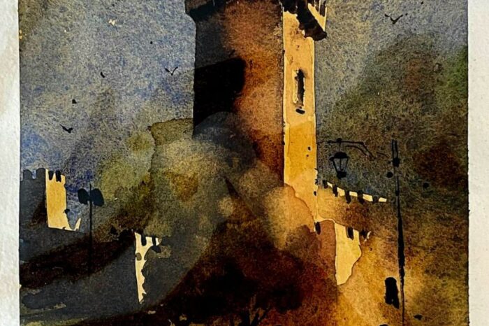 A watercolor painting of a historic tower against the early morning sky with birds flying.