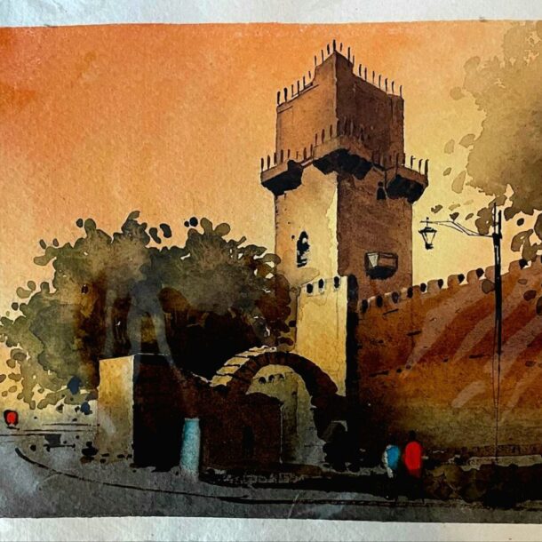 A watercolor painting of a tower and surrounding walls illuminated by the warm light of the evening, with people walking by.