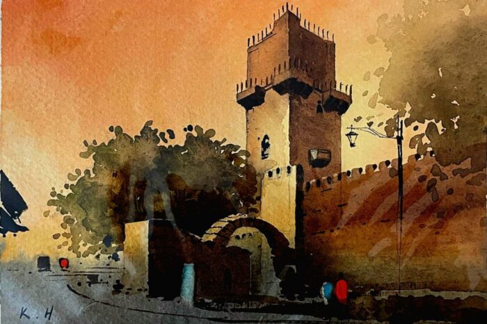 A watercolor painting of a tower and surrounding walls illuminated by the warm light of the evening, with people walking by.