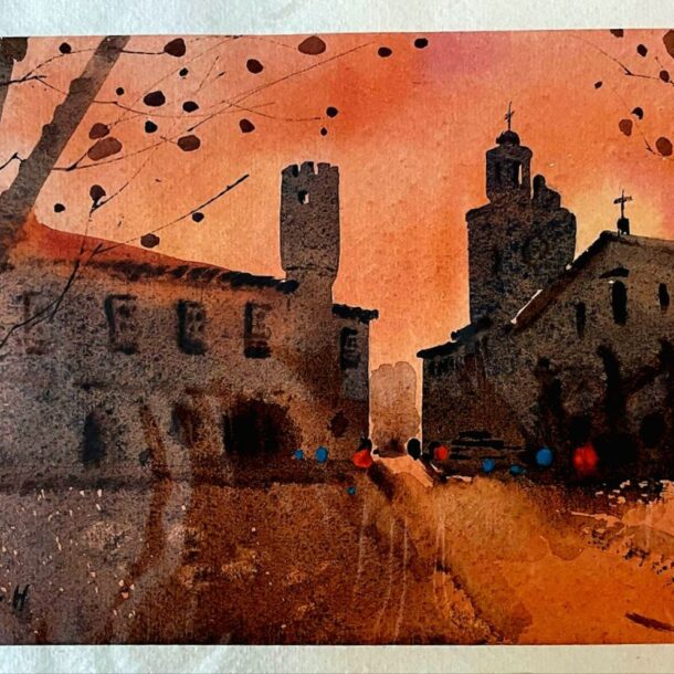A watercolor painting of a town square at sunset, with silhouettes of buildings and trees.