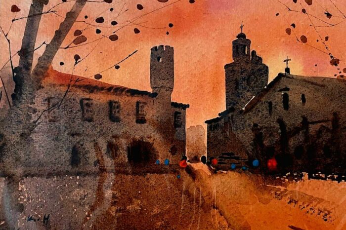 A watercolor painting of a town square at sunset, with silhouettes of buildings and trees.