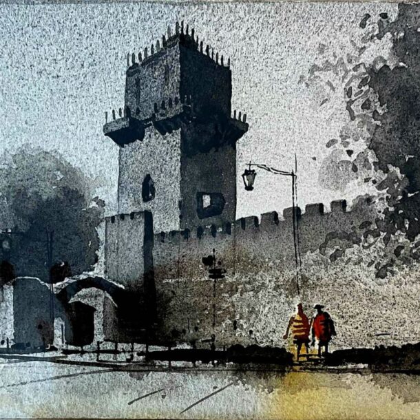 A monochromatic watercolor painting of a historic tower and wall, with two figures in the foreground and dramatic shadows.