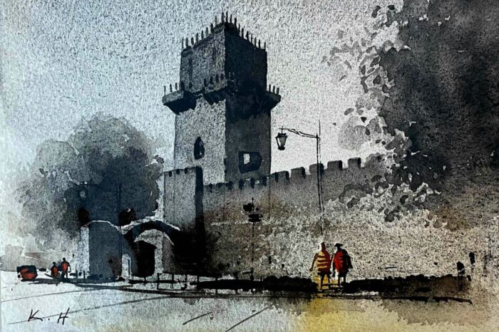 A monochromatic watercolor painting of a historic tower and wall, with two figures in the foreground and dramatic shadows.
