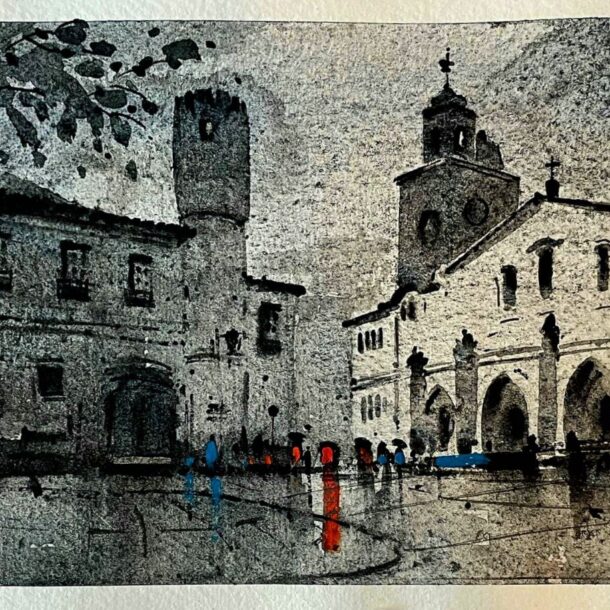 A monochromatic watercolor painting of a town square with reflections on wet ground.