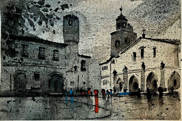 A monochromatic watercolor painting of a town square with reflections on wet ground.