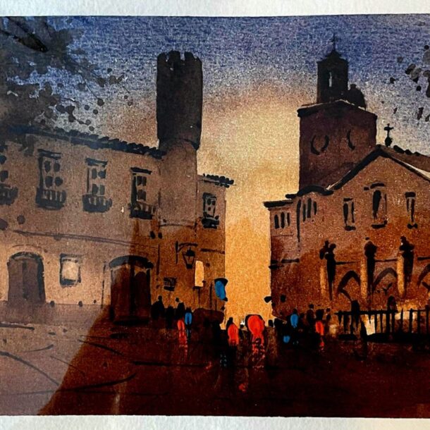 A watercolor painting of a town square at twilight, with historic buildings, people, and a mix of light and shadow.