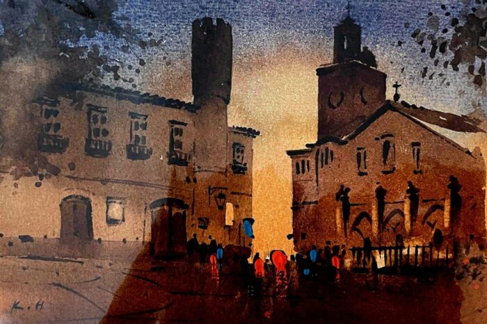 A watercolor painting of a town square at twilight, with historic buildings, people, and a mix of light and shadow.