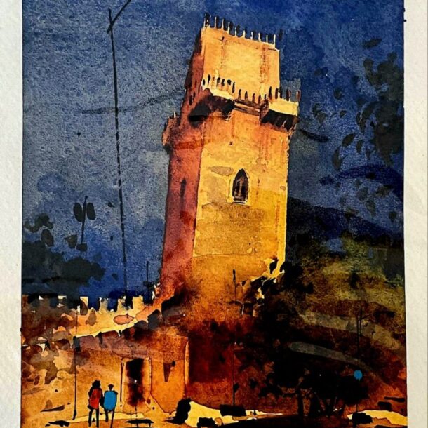 A watercolor painting of a tower and walls illuminated by warm evening light.