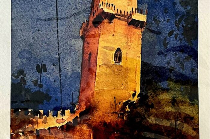 A watercolor painting of a tower and walls illuminated by warm evening light.