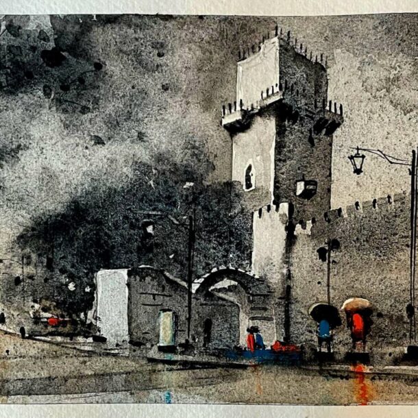 A monochromatic watercolor painting of a historic tower under a dramatic night sky.