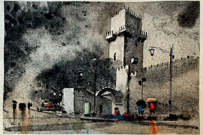 A monochromatic watercolor painting of a historic tower under a dramatic night sky.