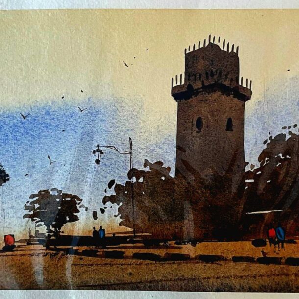 A watercolor painting of a tower with the early morning light casting soft shadows.
