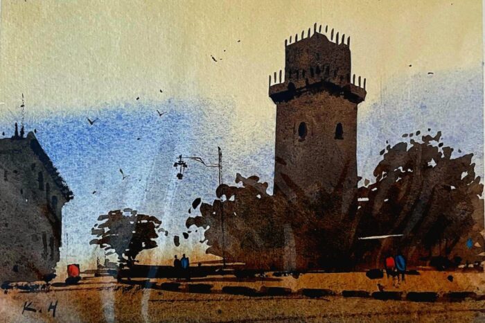 A watercolor painting of a tower with the early morning light casting soft shadows.